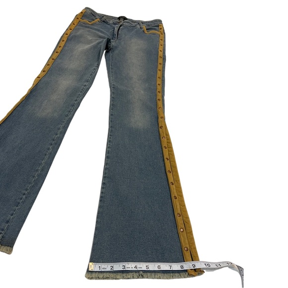 Bebe Flare Jeans with faux suede studded trim lines on the outer leg, Raw hem - Picture 9 of 11